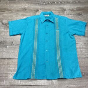Sandy Guayabera Shirt Men's 38 (S) Linen Short Sleeve Embroidered Mexican Teal